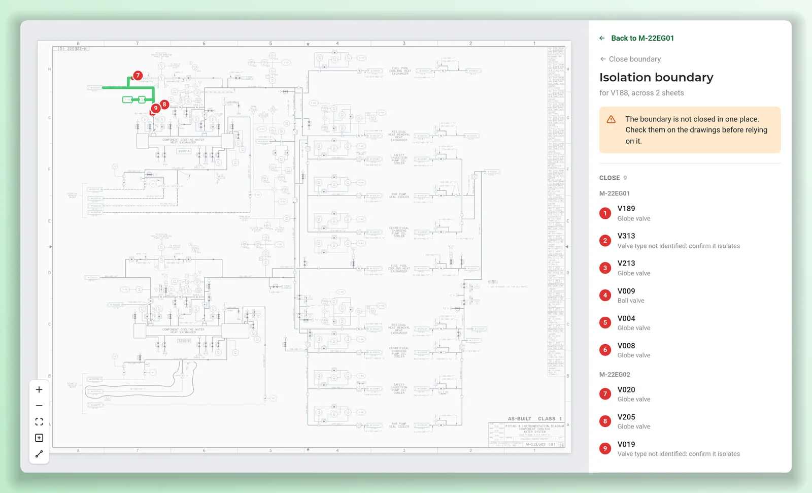The connected sheet, opened from the boundary list, with the boundary still drawn and valves seven to nine marked.